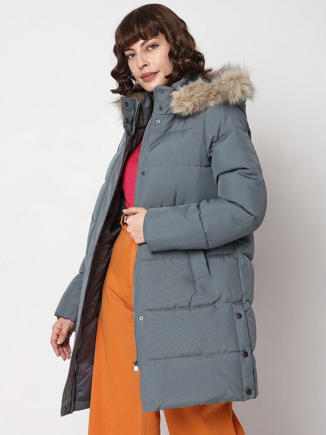 Grey Faux Fur Hood Puffer Coat