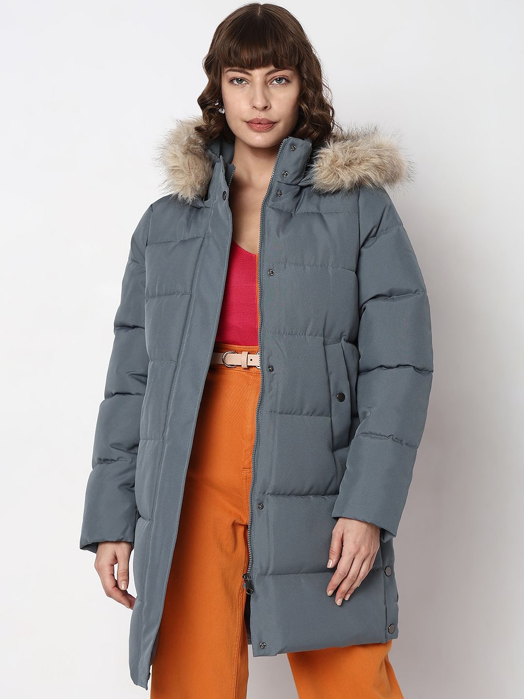 Grey Faux Fur Hood Puffer Coat