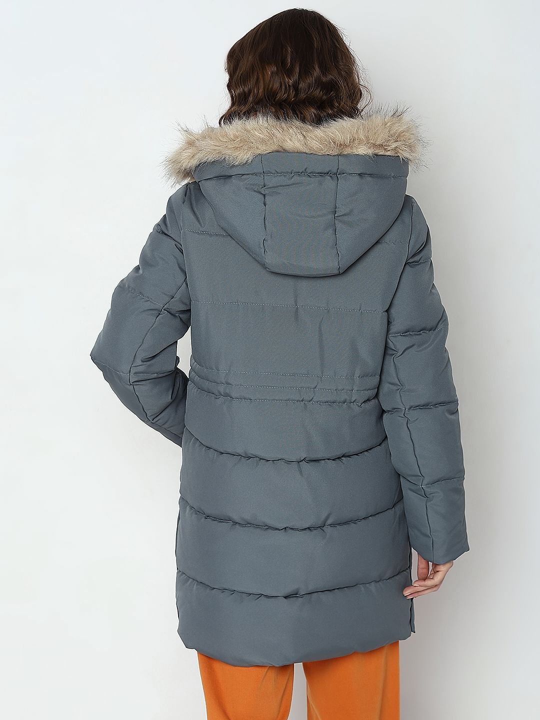 Grey Faux Fur Hood Puffer Coat