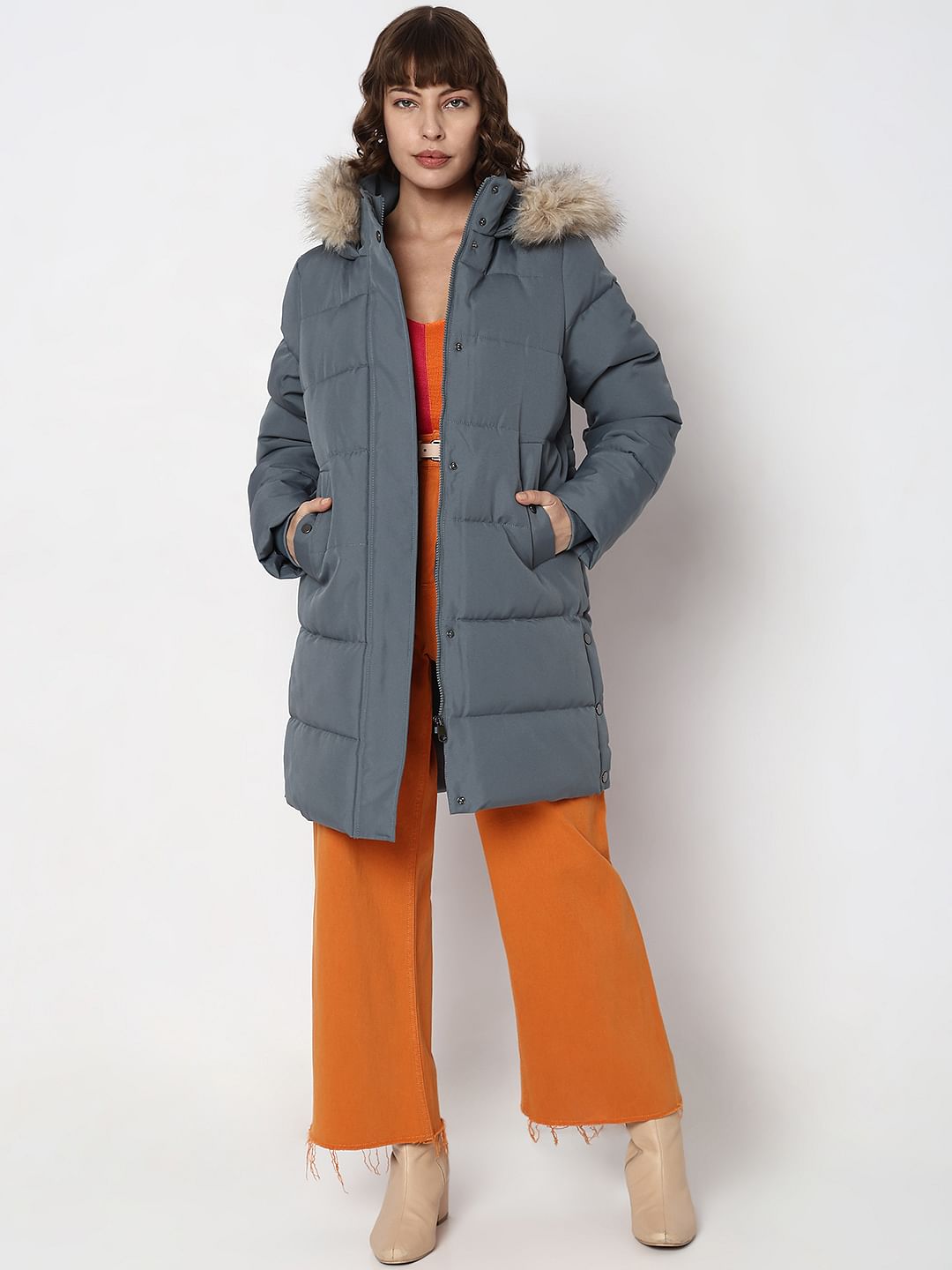 Grey Faux Fur Hood Puffer Coat