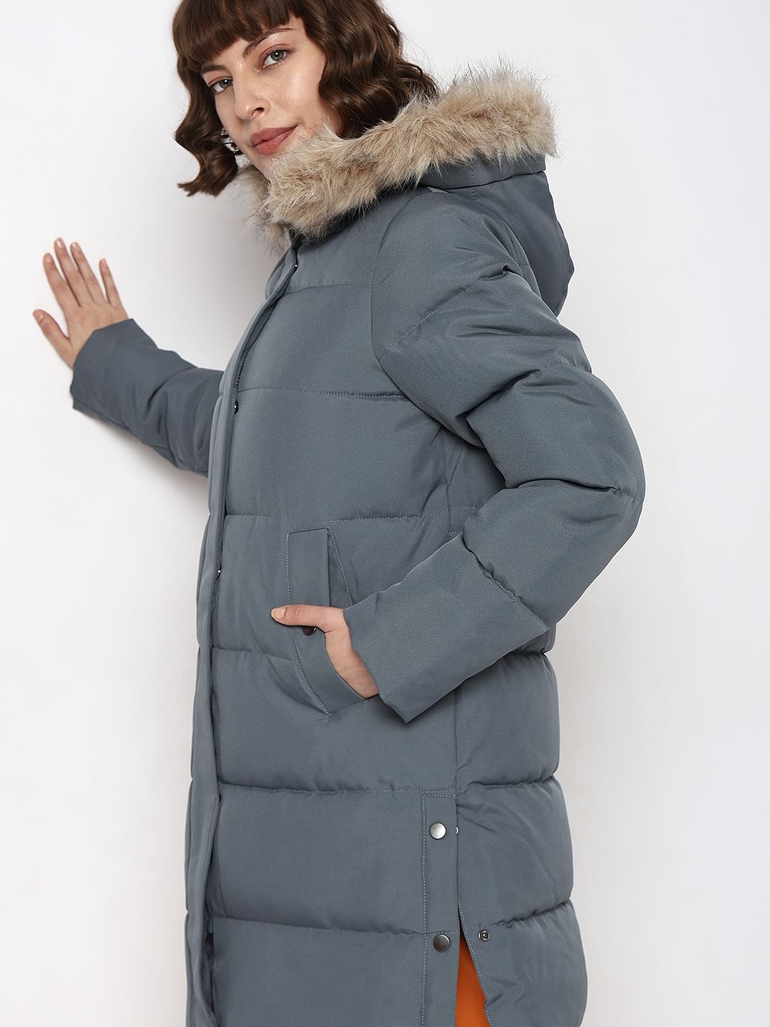 Grey Faux Fur Hood Puffer Coat