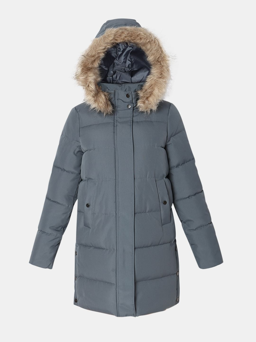Grey Faux Fur Hood Puffer Coat