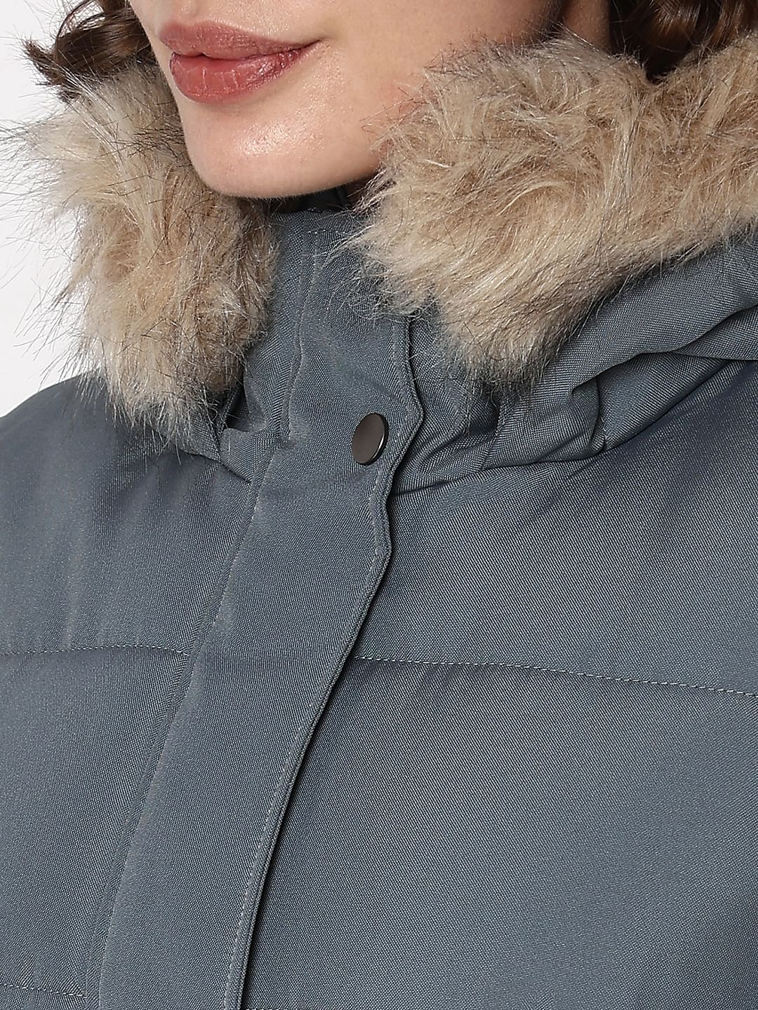 Grey Faux Fur Hood Puffer Coat