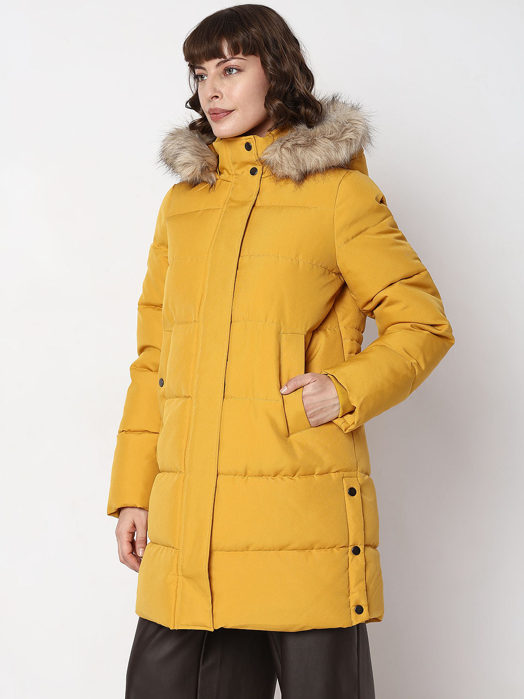 Yellow Faux Fur Hood Puffer Coat