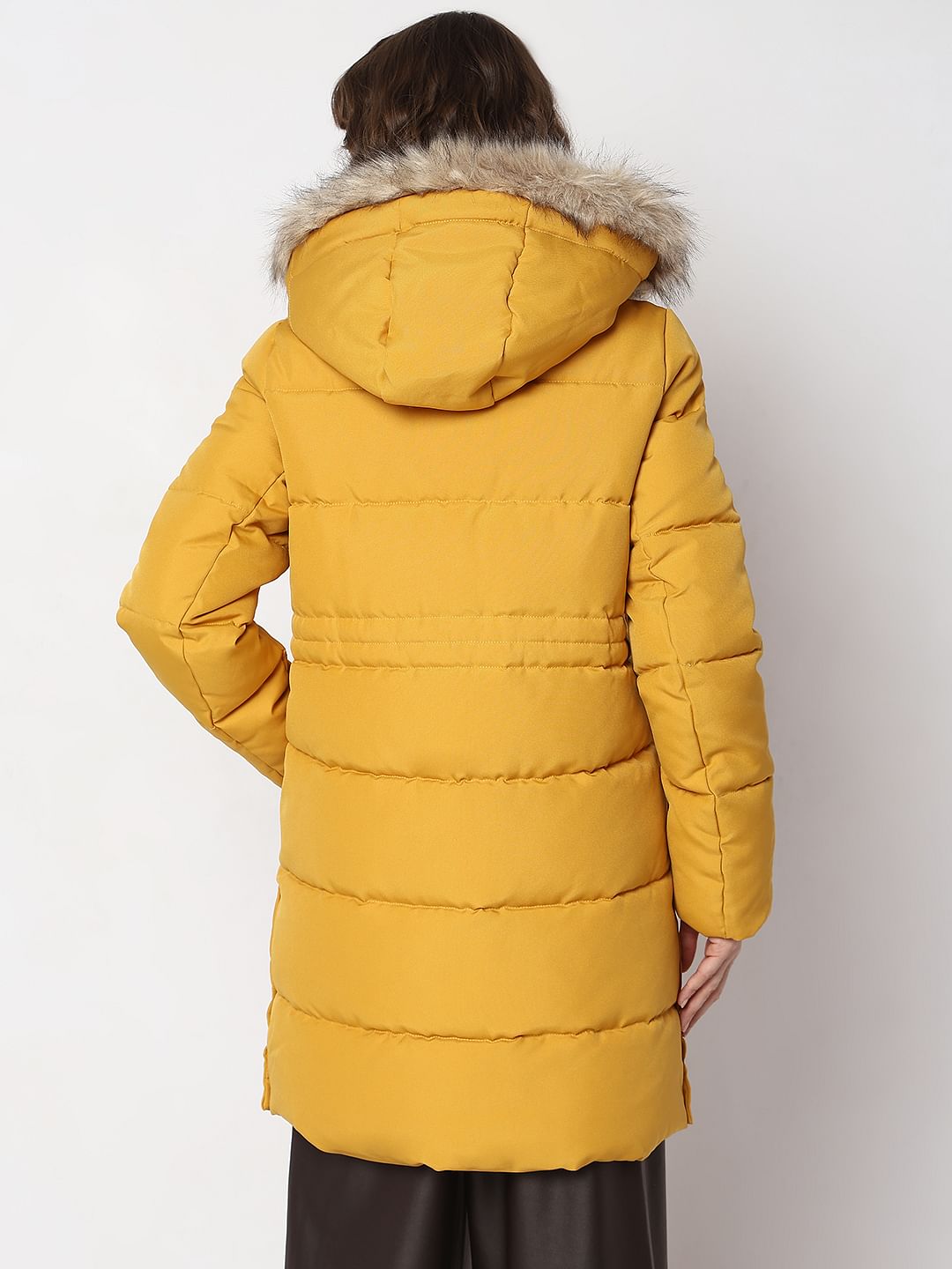 Yellow Faux Fur Hood Puffer Coat