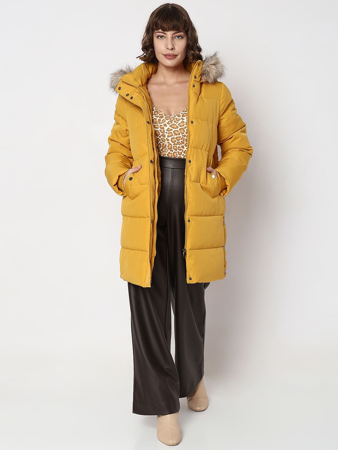 Yellow Faux Fur Hood Puffer Coat