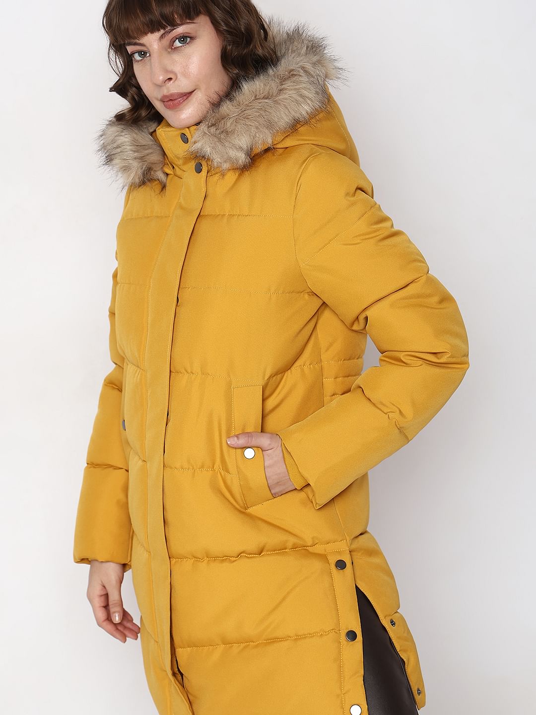 Yellow Faux Fur Hood Puffer Coat