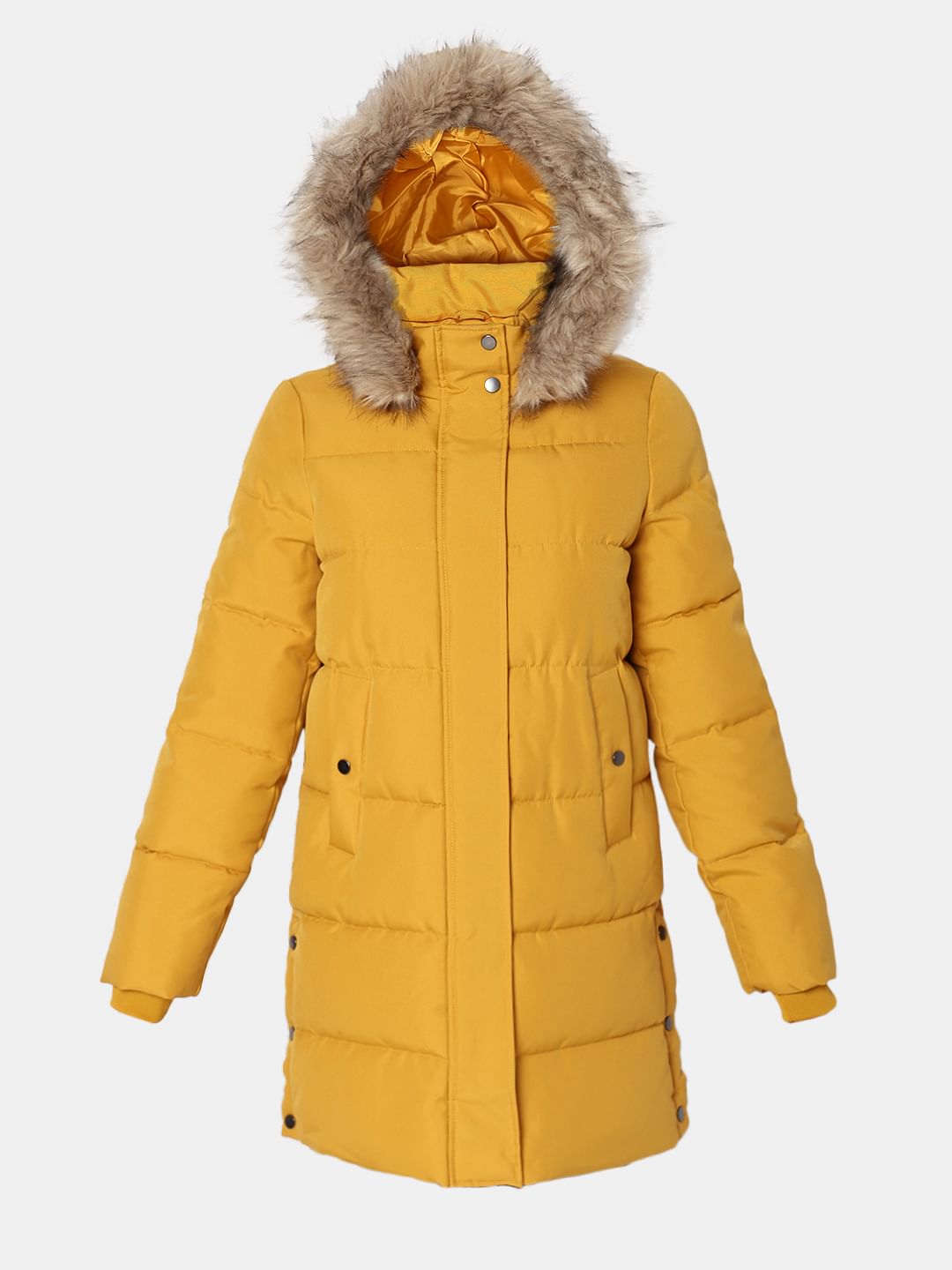 Yellow Faux Fur Hood Puffer Coat