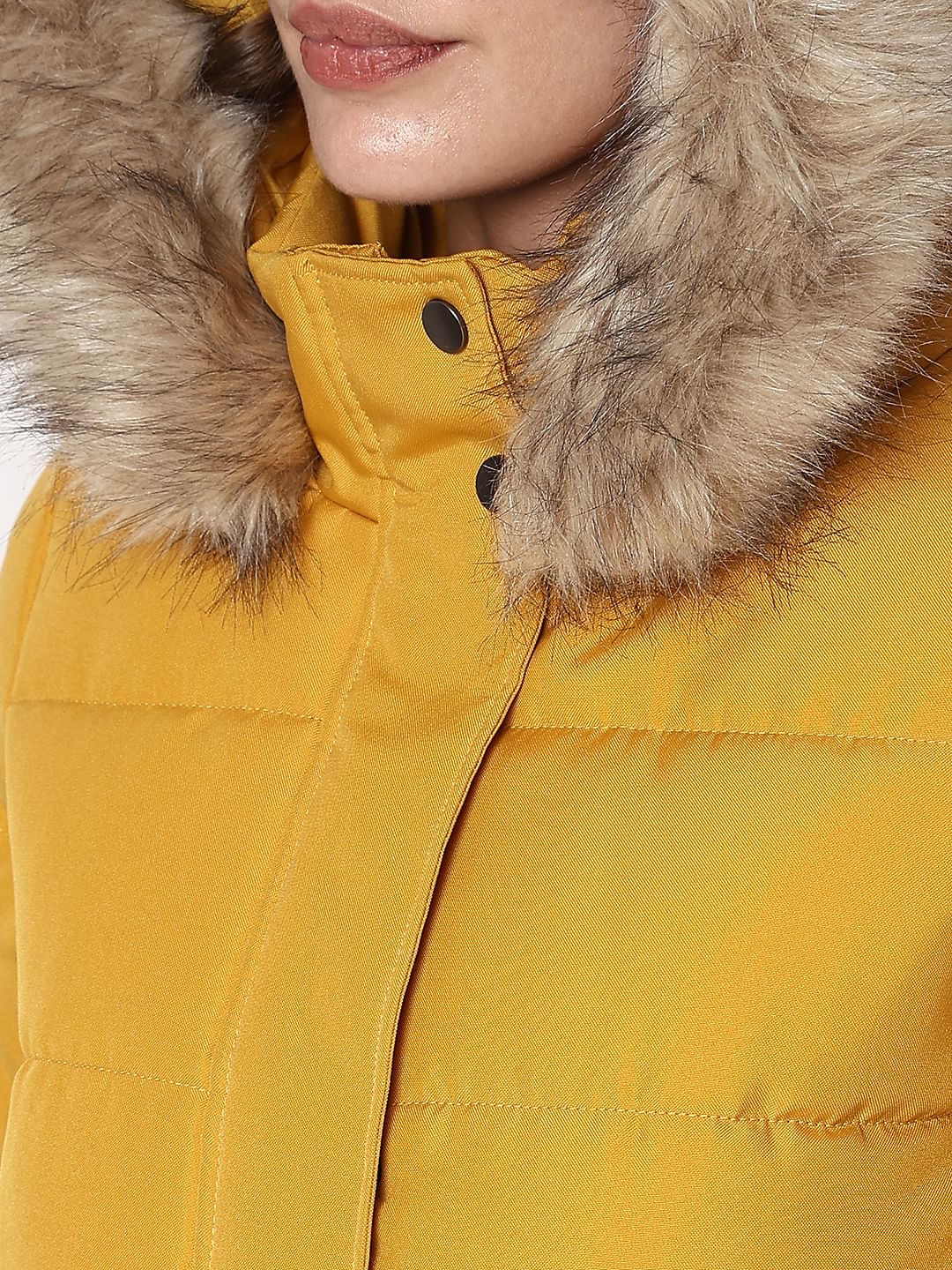 Yellow Faux Fur Hood Puffer Coat