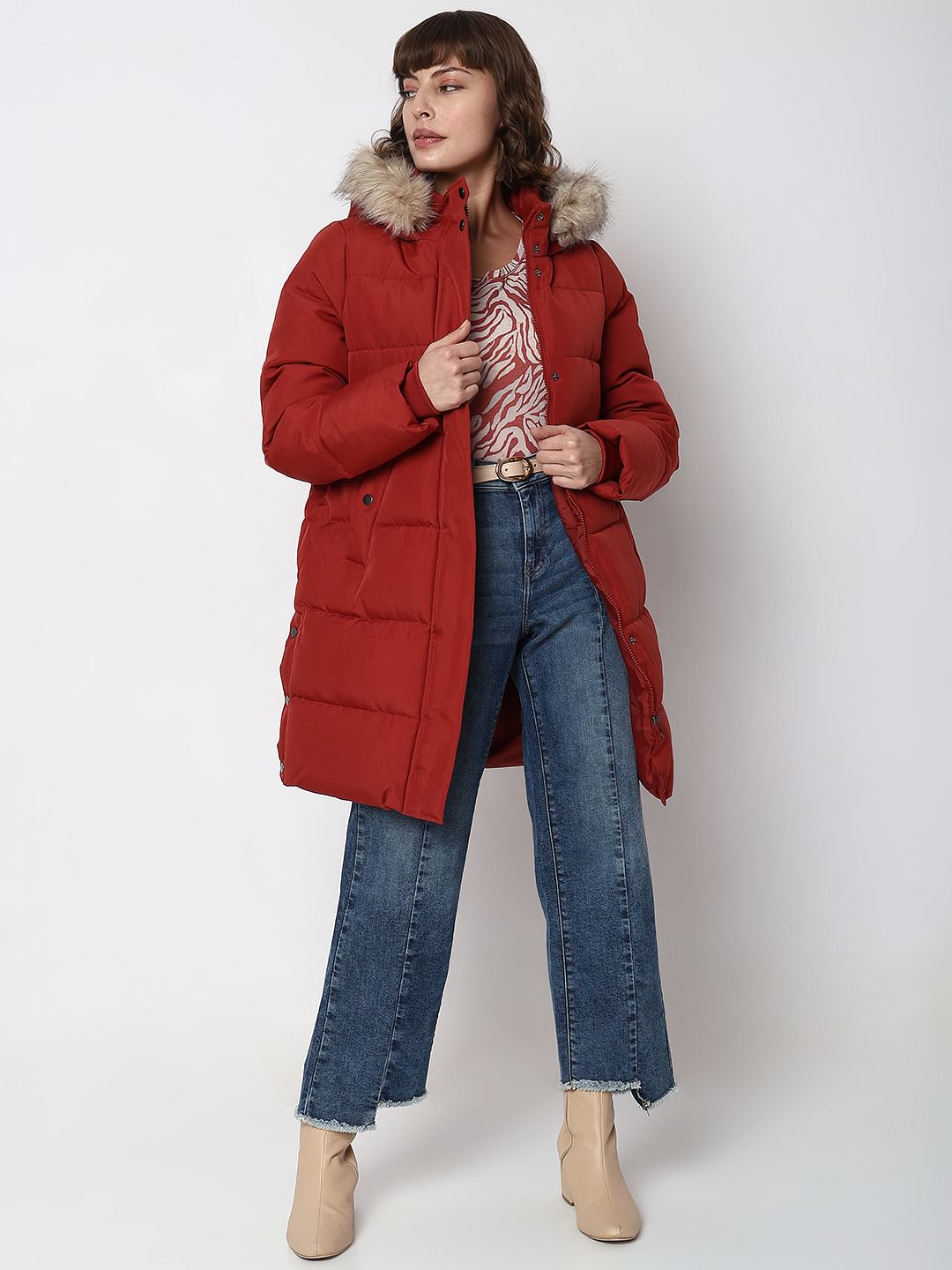 Red Faux Fur Hood Puffer Coat