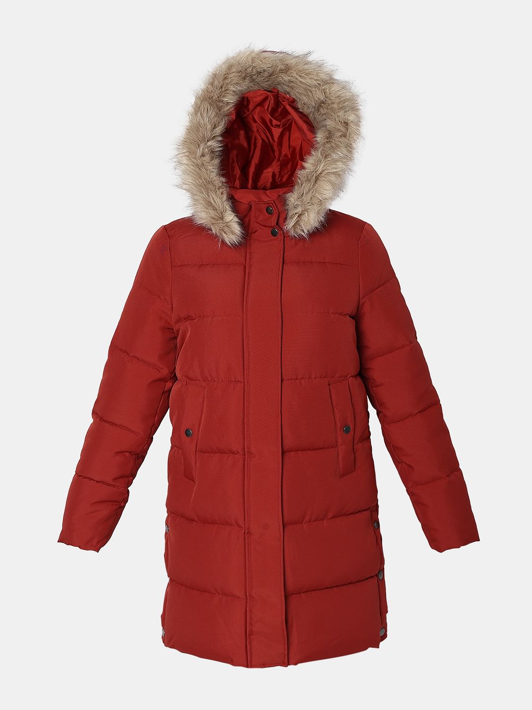 Red Faux Fur Hood Puffer Coat