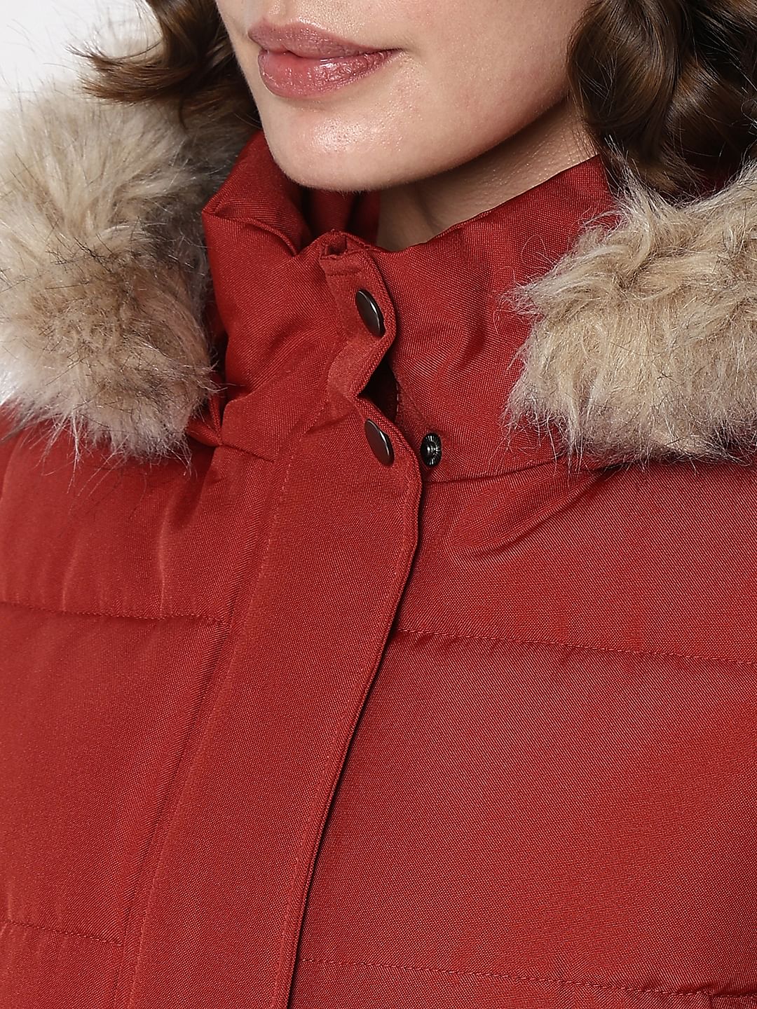 Red Faux Fur Hood Puffer Coat