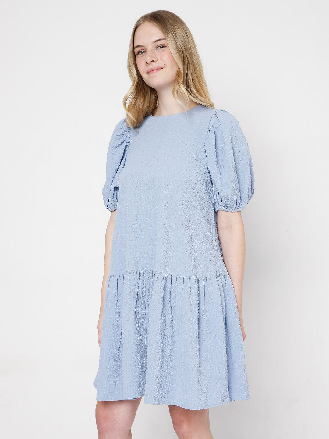 Blue Puff Sleeves Shift Dress