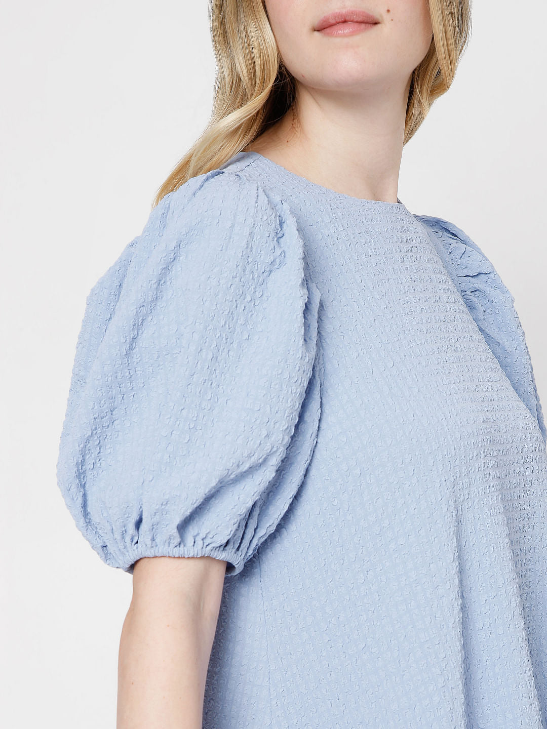 Blue Puff Sleeves Shift Dress