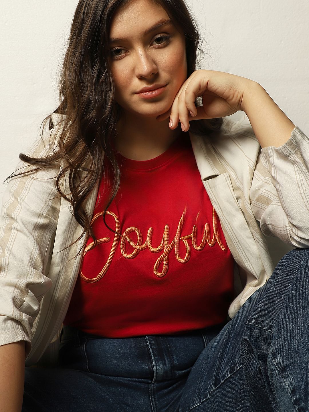 Curve Red Embroidered Text Print T-Shirt
