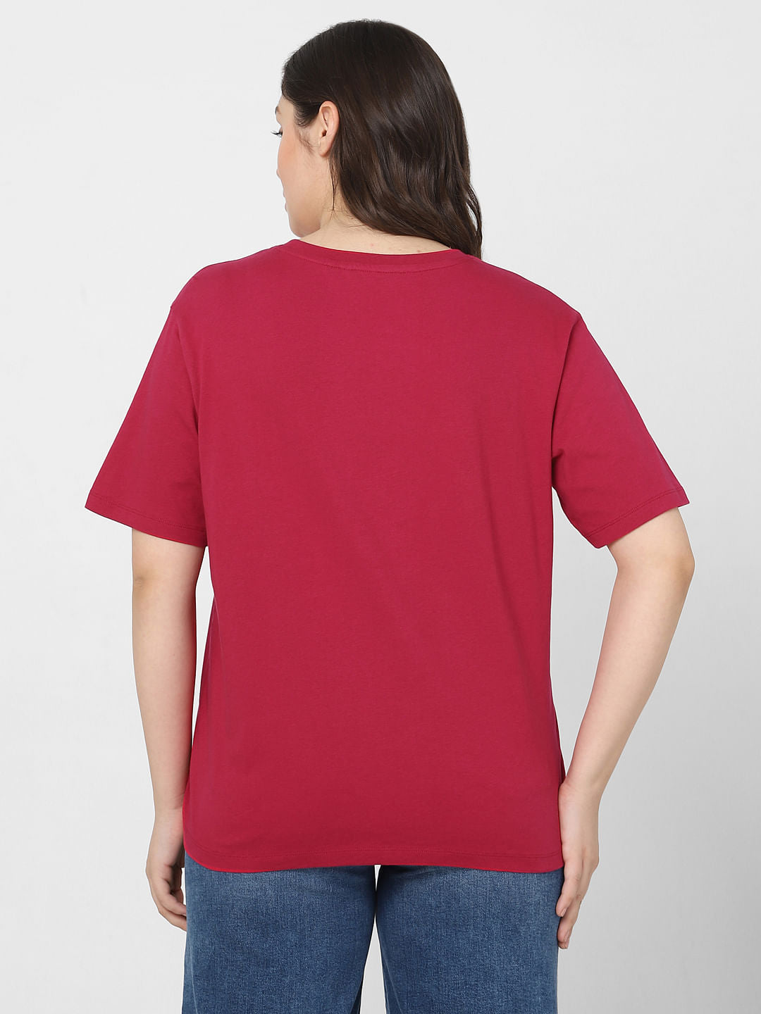 Curve Red Embroidered Text Print T-Shirt