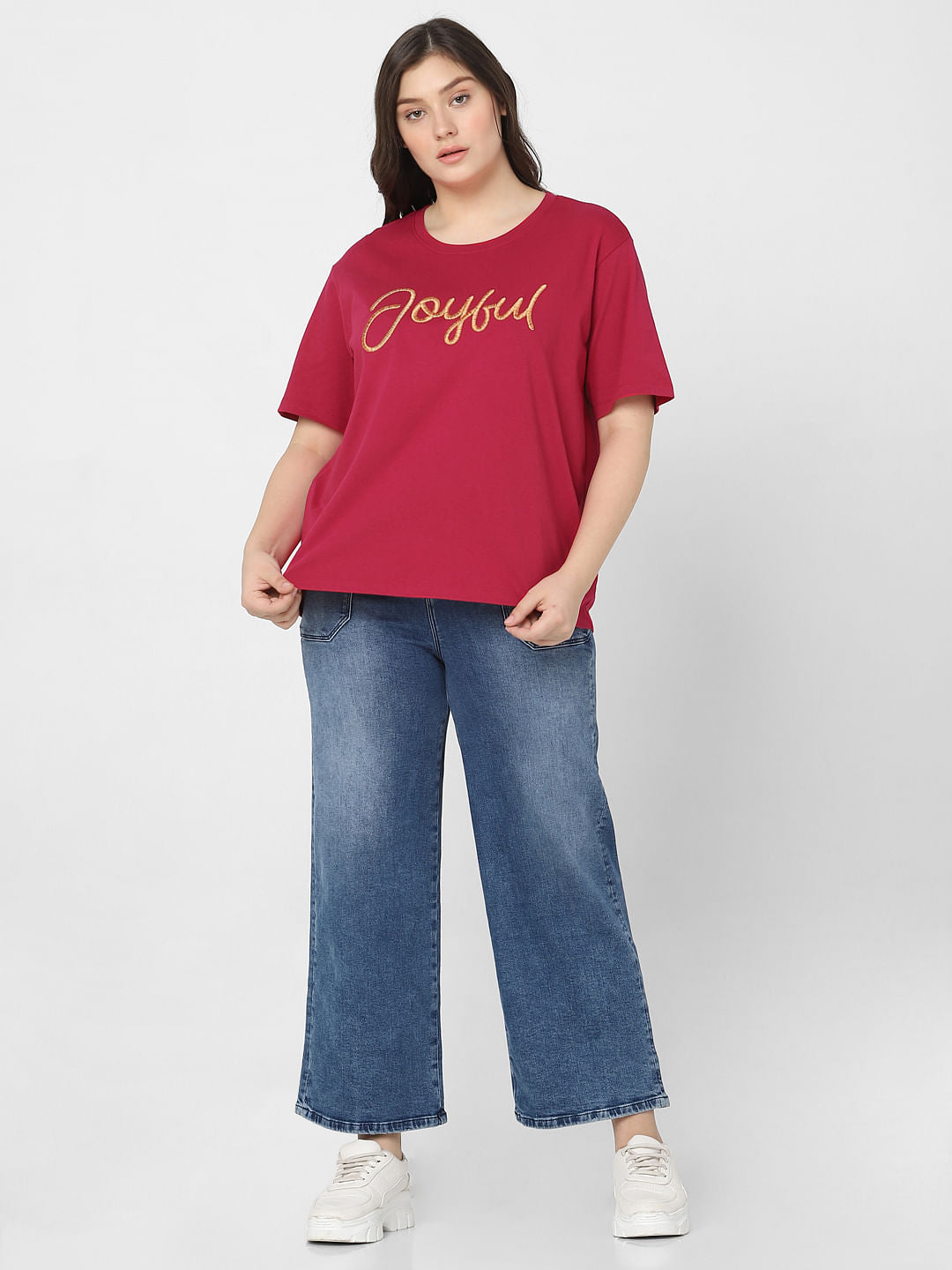 Curve Red Embroidered Text Print T-Shirt