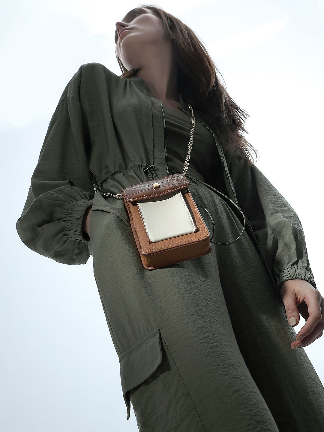 Tan Colourblocked Crossbody Bag