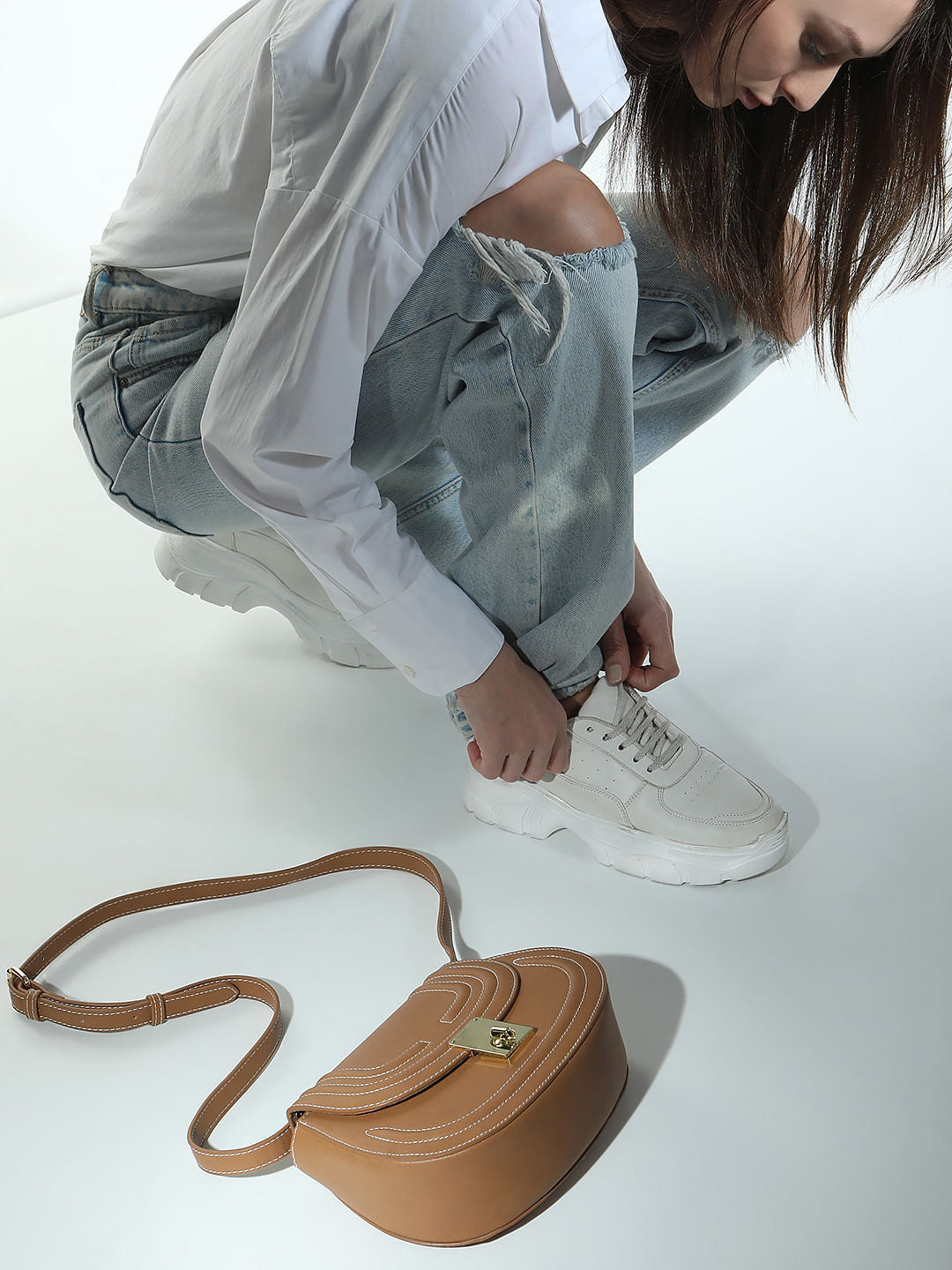 Brown Contrast Stitch Crossbody Bag