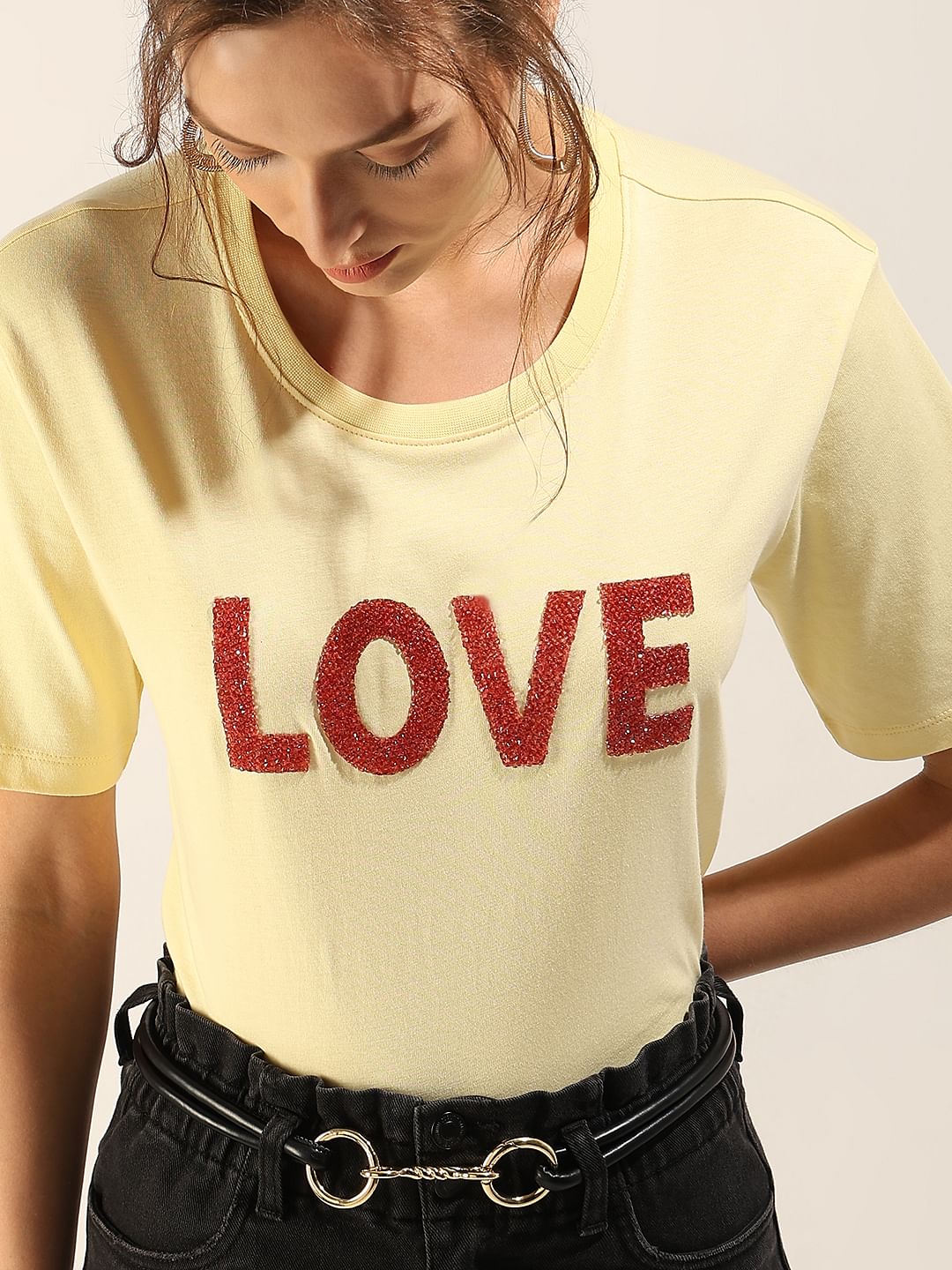 Yellow Embellished Print T-Shirt