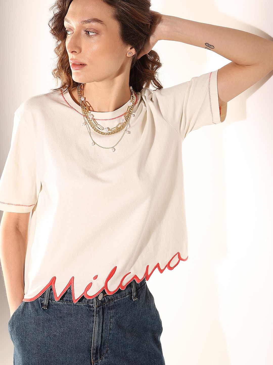 White Embroidered Hem T-Shirt