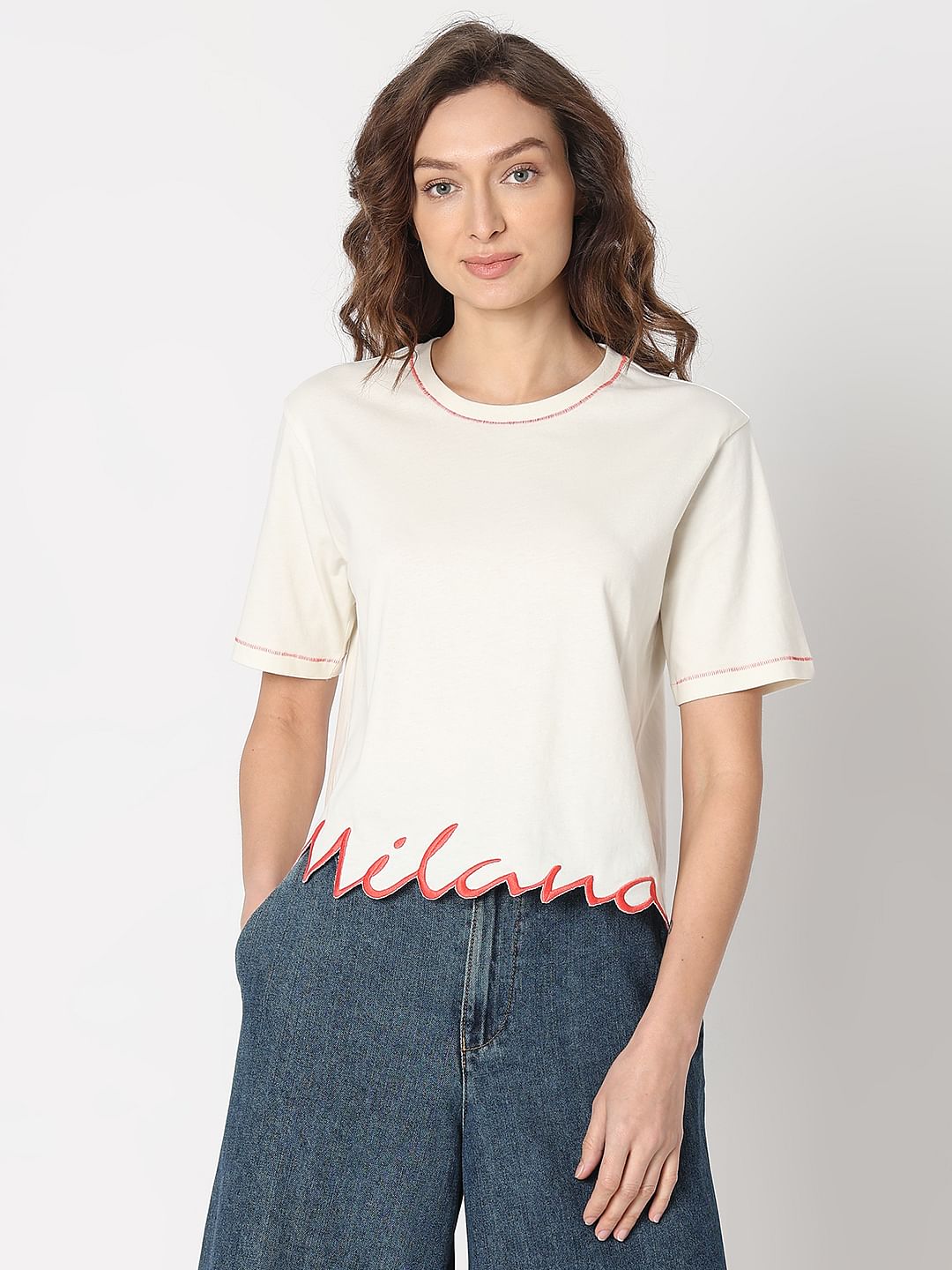 White Embroidered Hem T-Shirt