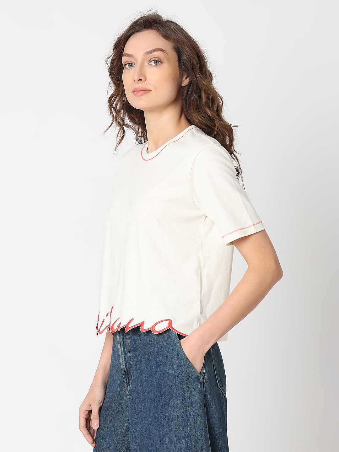 White Embroidered Hem T-Shirt