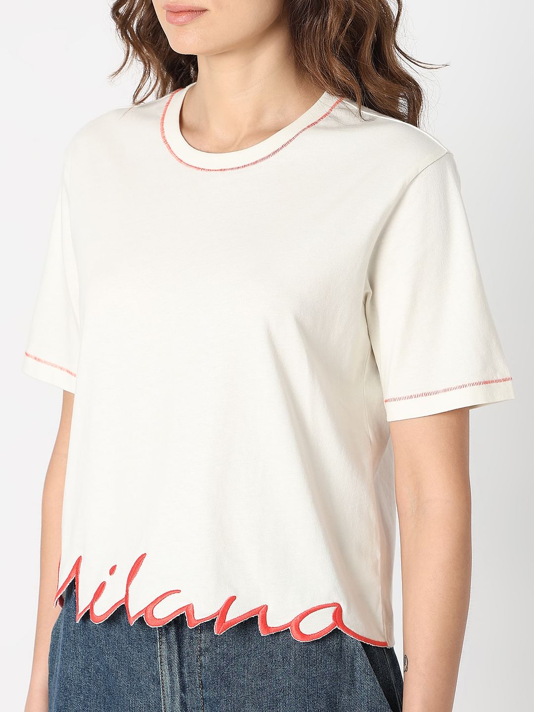 White Embroidered Hem T-Shirt