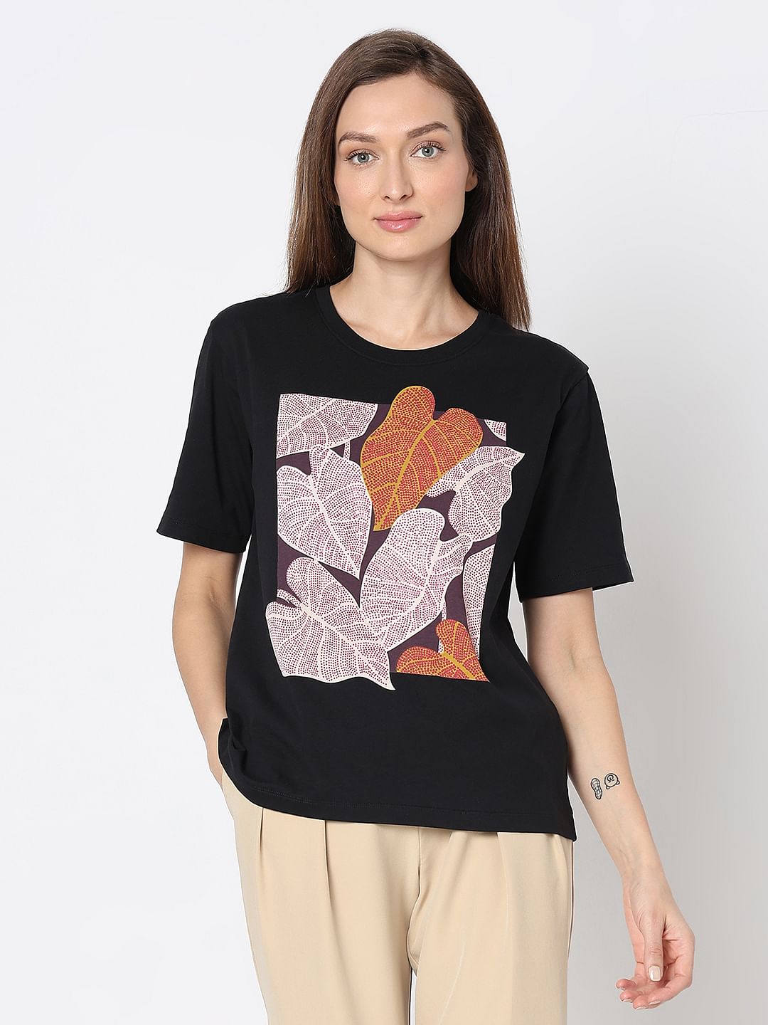 Black Sequin Leaf Print T-Shirt