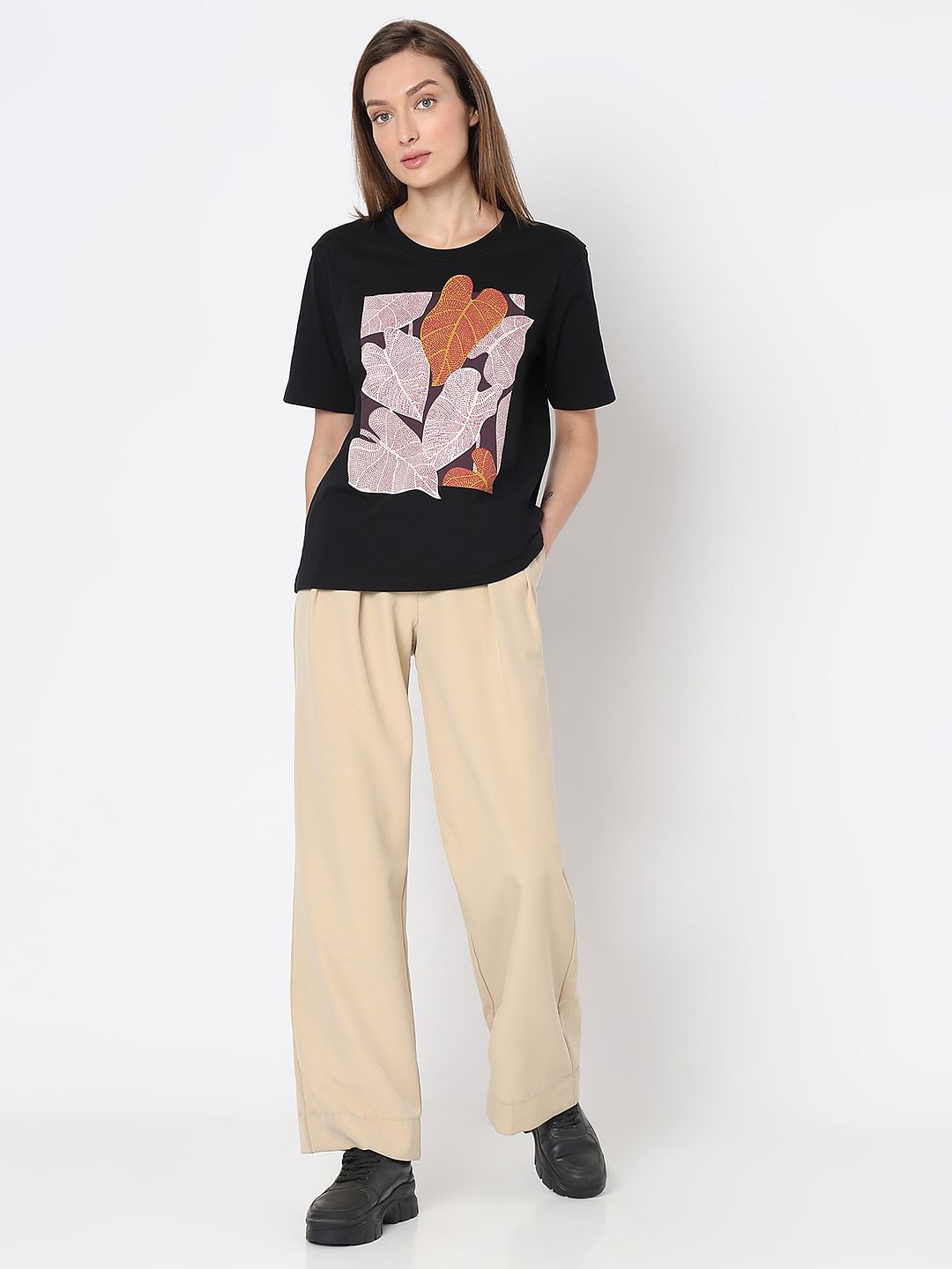 Black Sequin Leaf Print T-Shirt