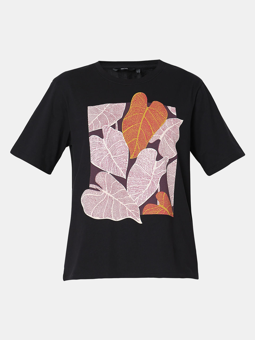Black Sequin Leaf Print T-Shirt