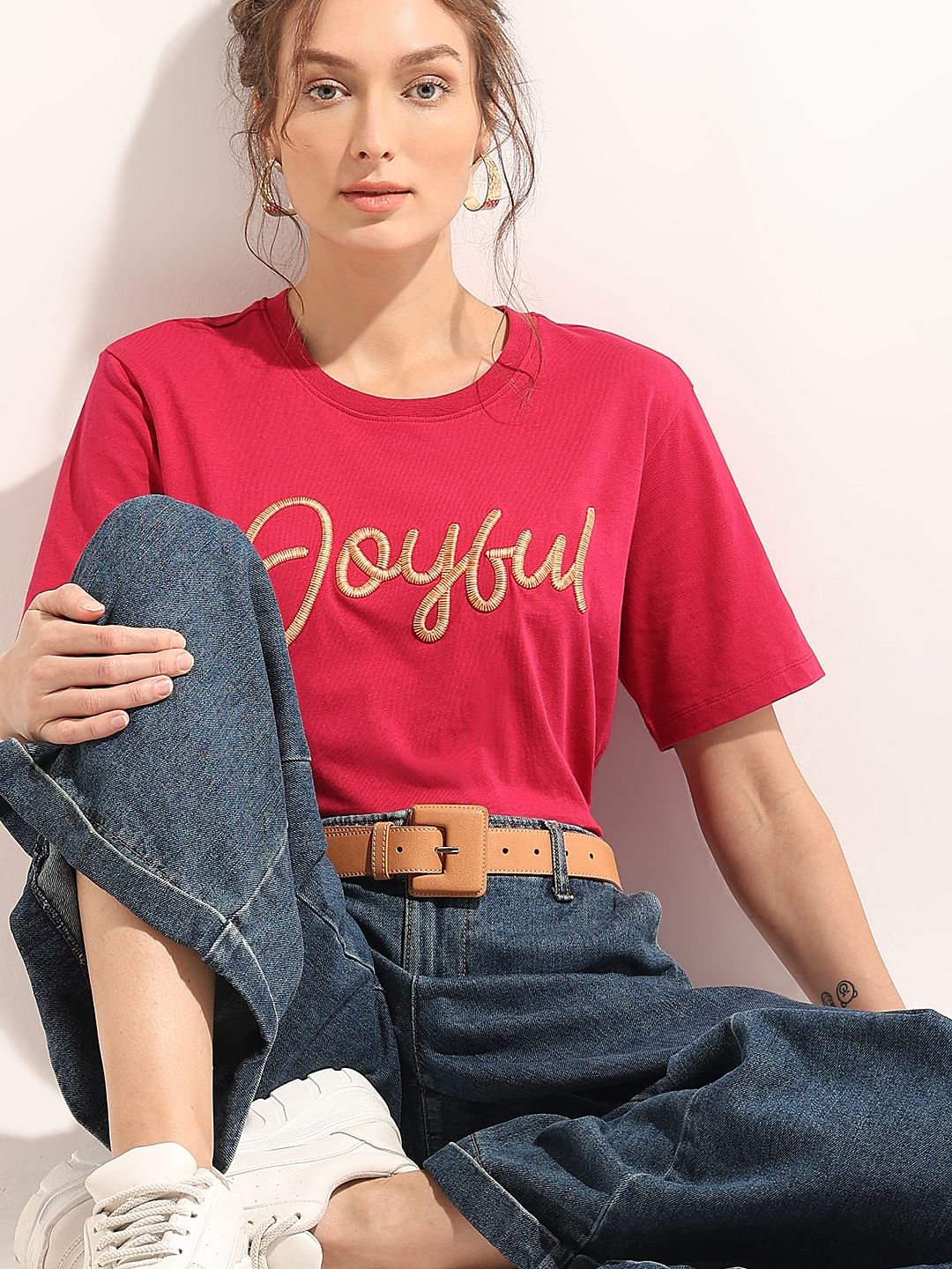 Red Embroidered Print T-Shirt