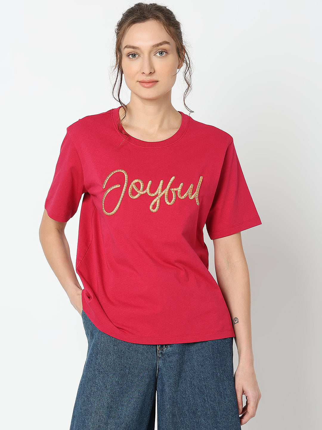Red Embroidered Print T-Shirt
