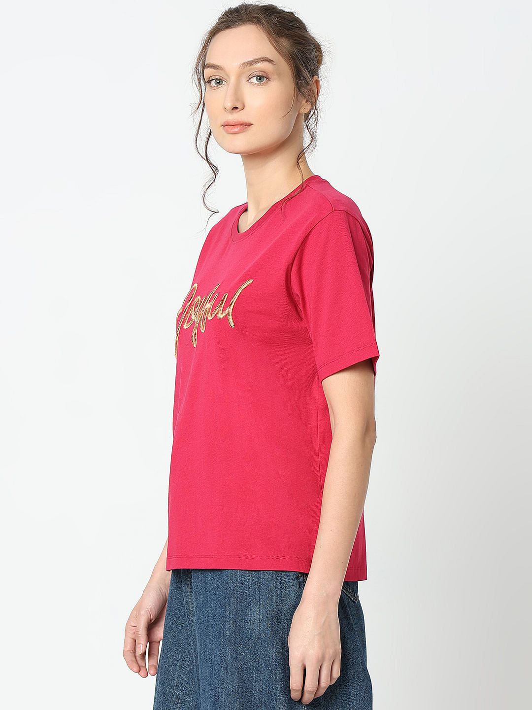 Red Embroidered Print T-Shirt