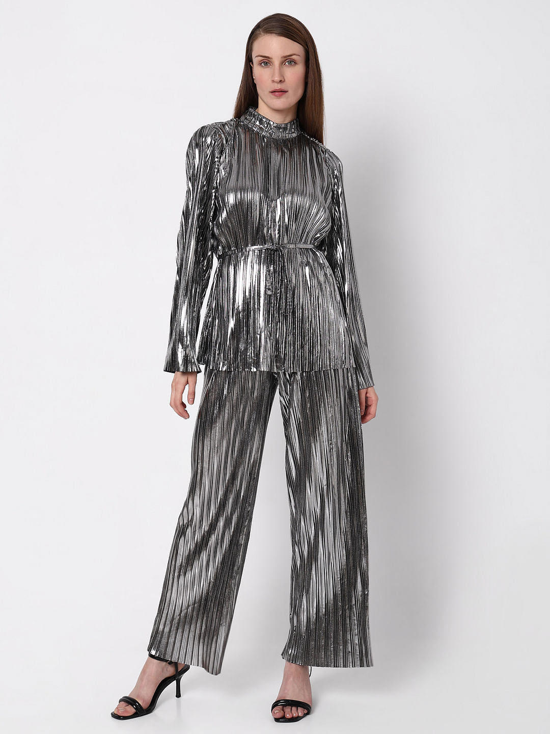 Silver Metallic High Neck Co-Ord Set Top