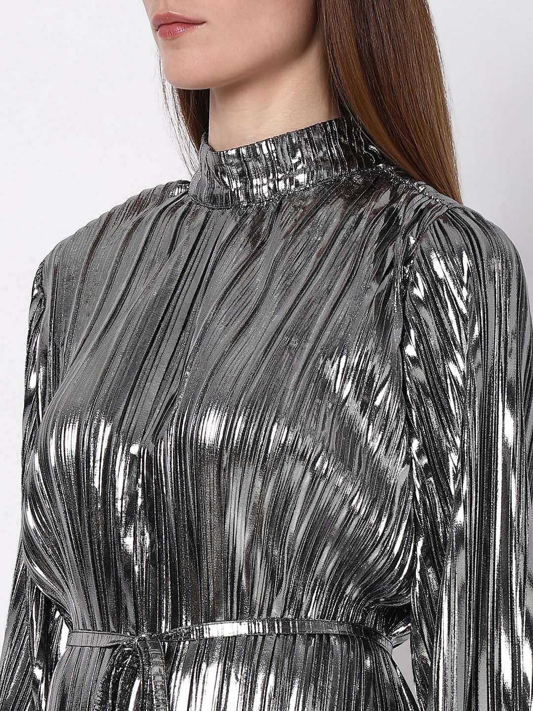 Silver Metallic High Neck Co-Ord Set Top