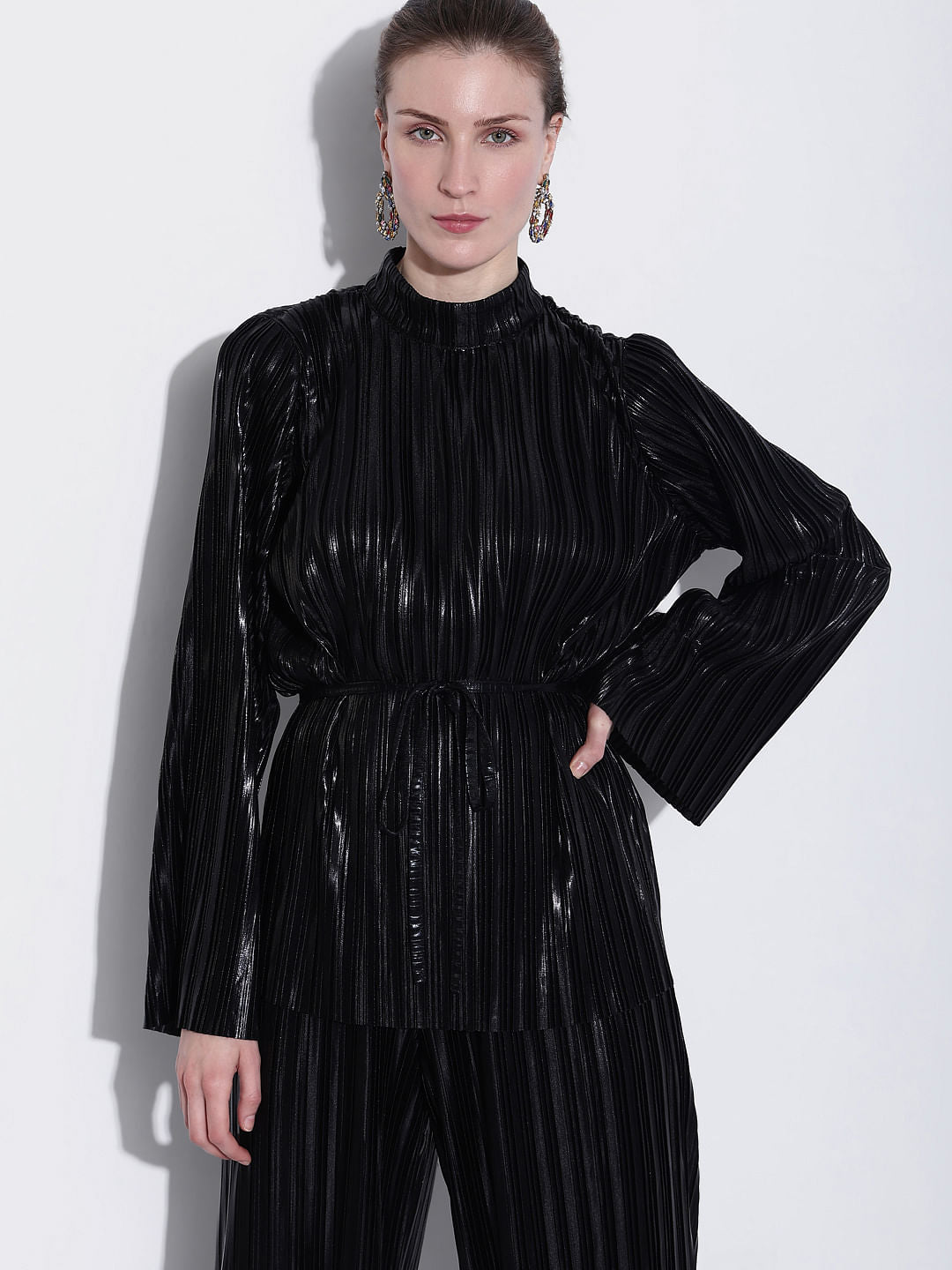 Black Metallic High Neck Co-Ord Set Top