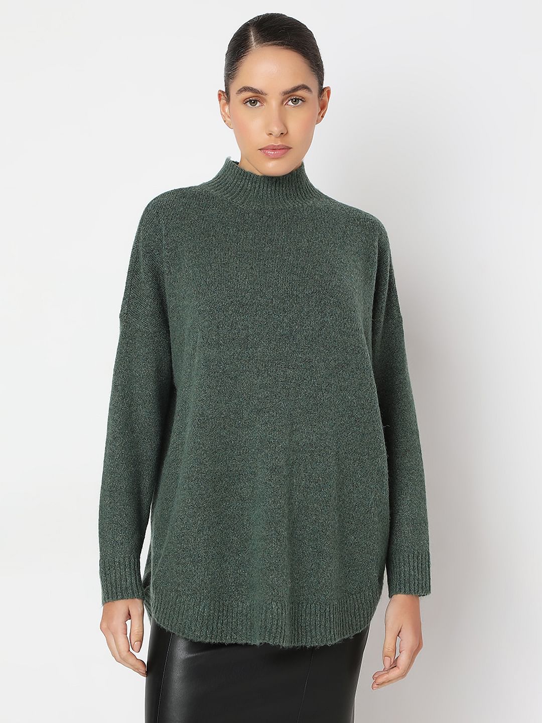 Green High-Neck Long Pullover