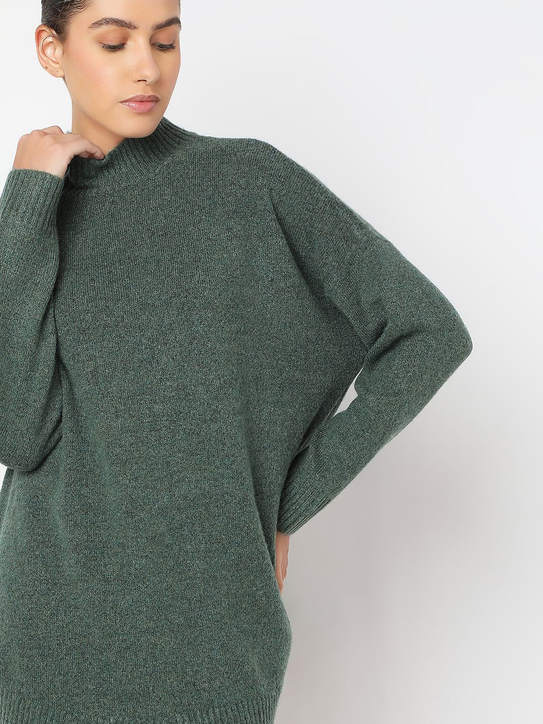 Green High-Neck Long Pullover