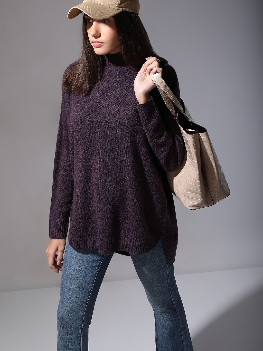 Purple High-Neck Long Pullover