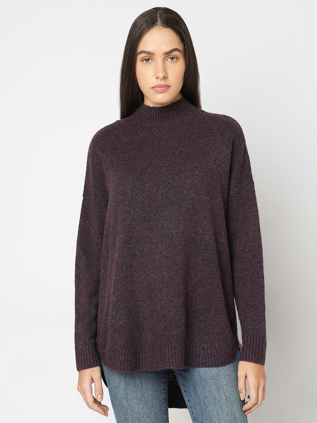 Purple High-Neck Long Pullover
