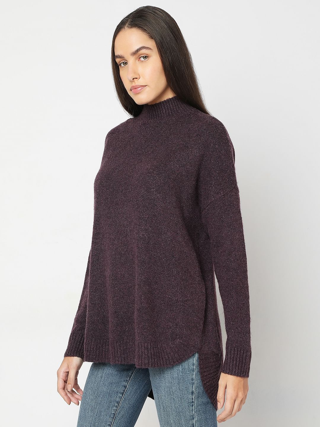 Purple High-Neck Long Pullover