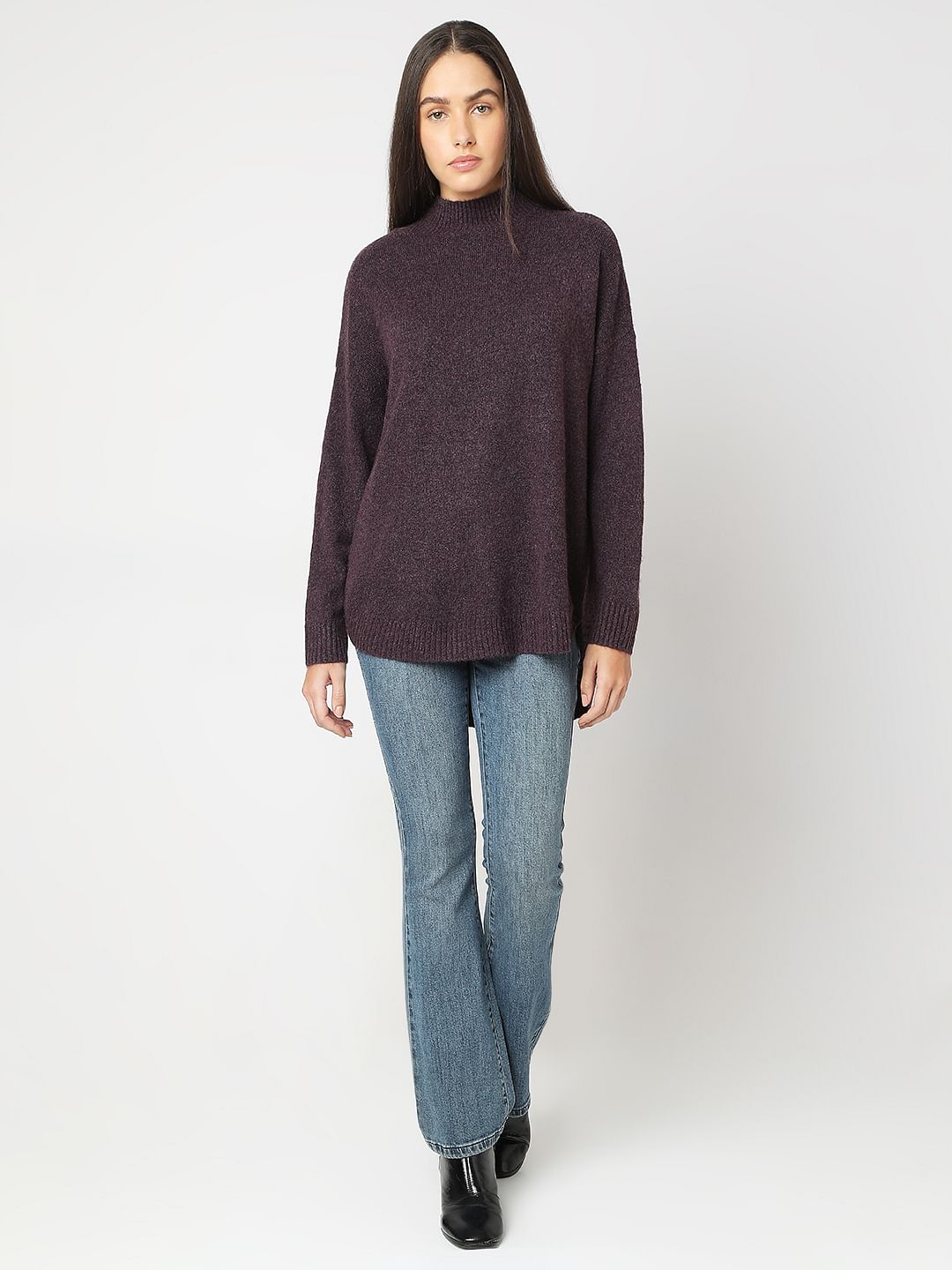 Purple High-Neck Long Pullover