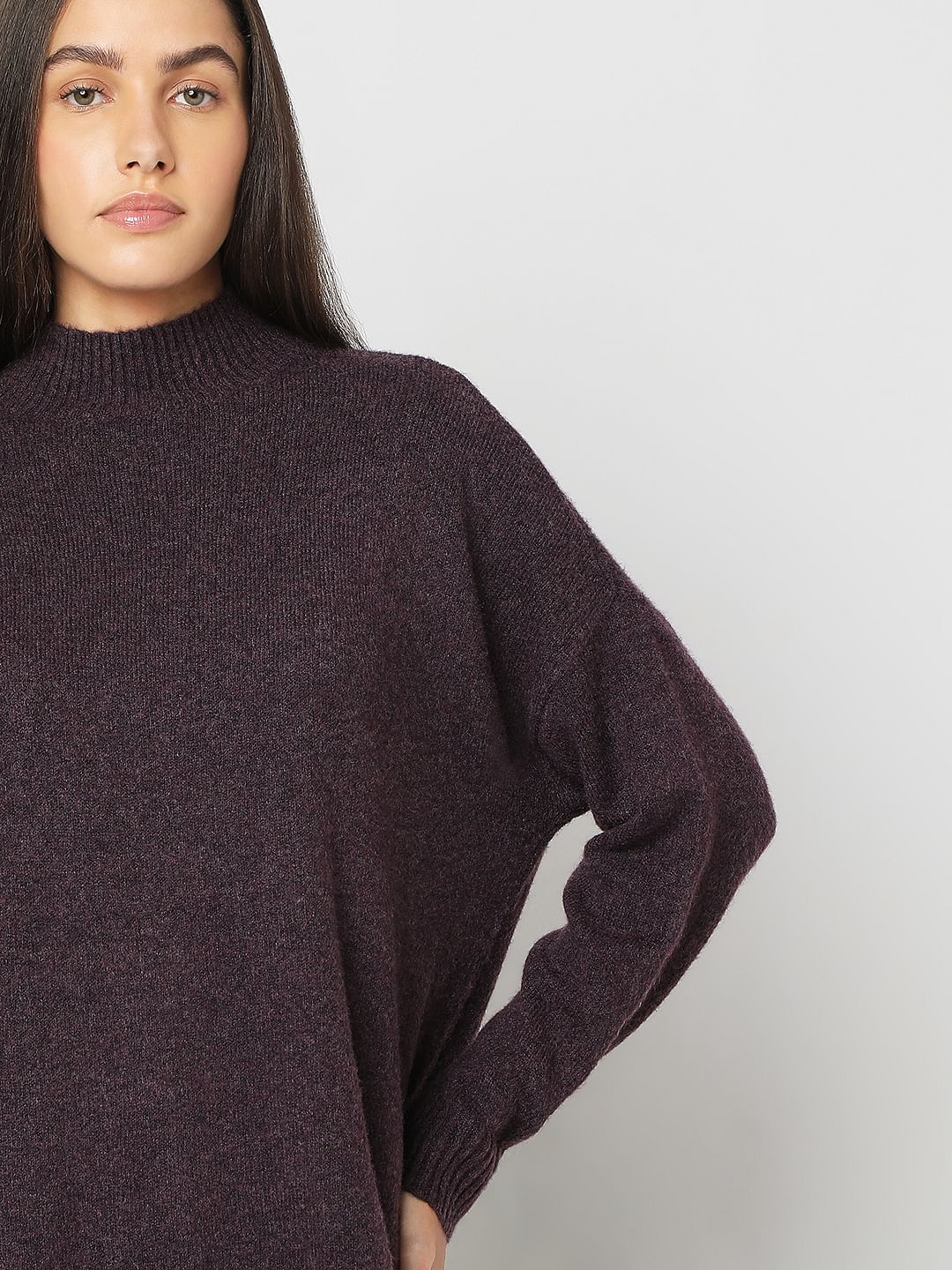 Purple High-Neck Long Pullover
