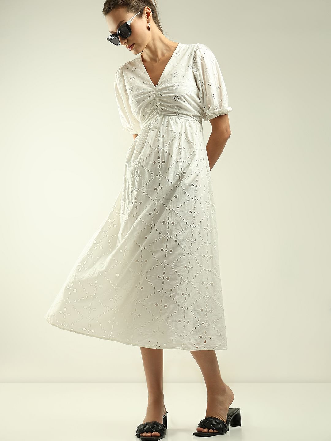 White Schiffli Midi Dress