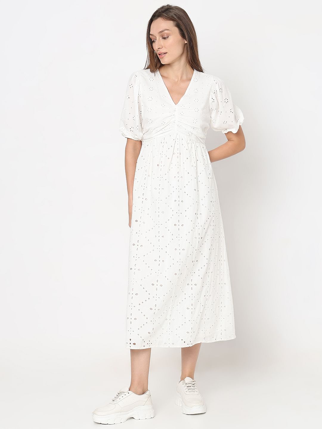 White Schiffli Midi Dress