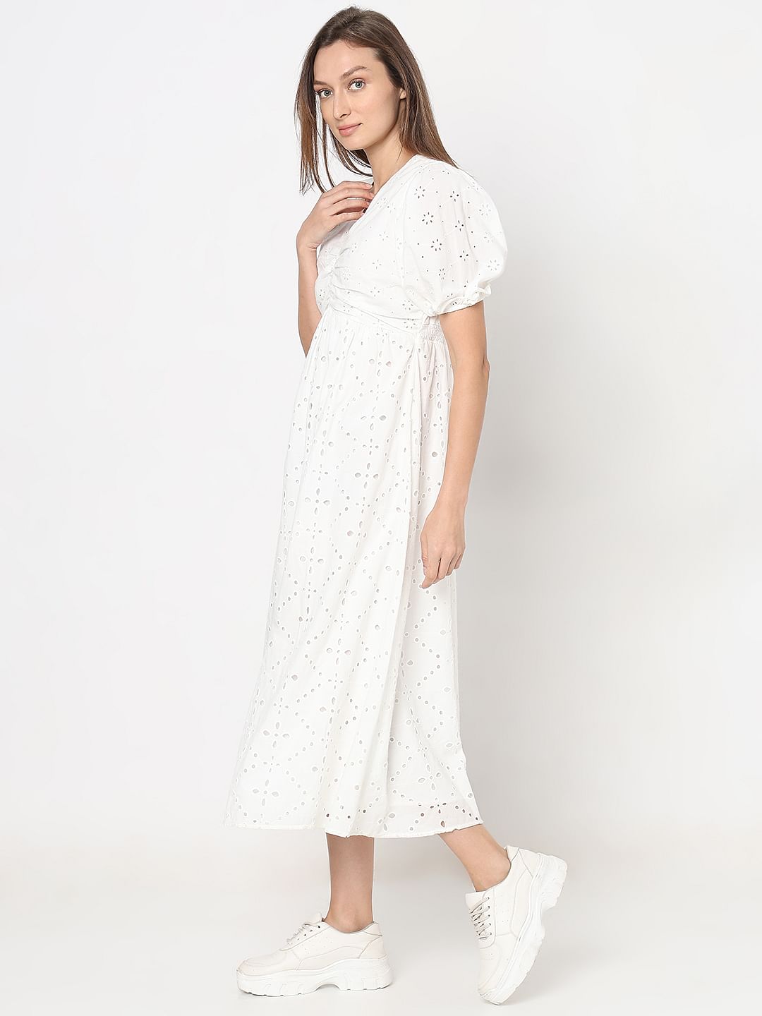 White Schiffli Midi Dress