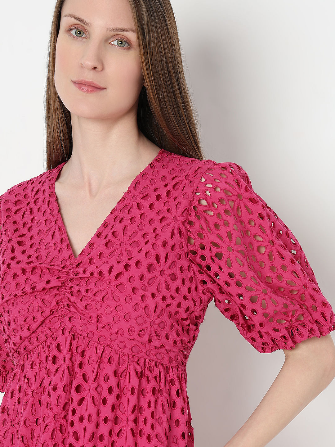 Pink Schiffli Cotton Midi Dress