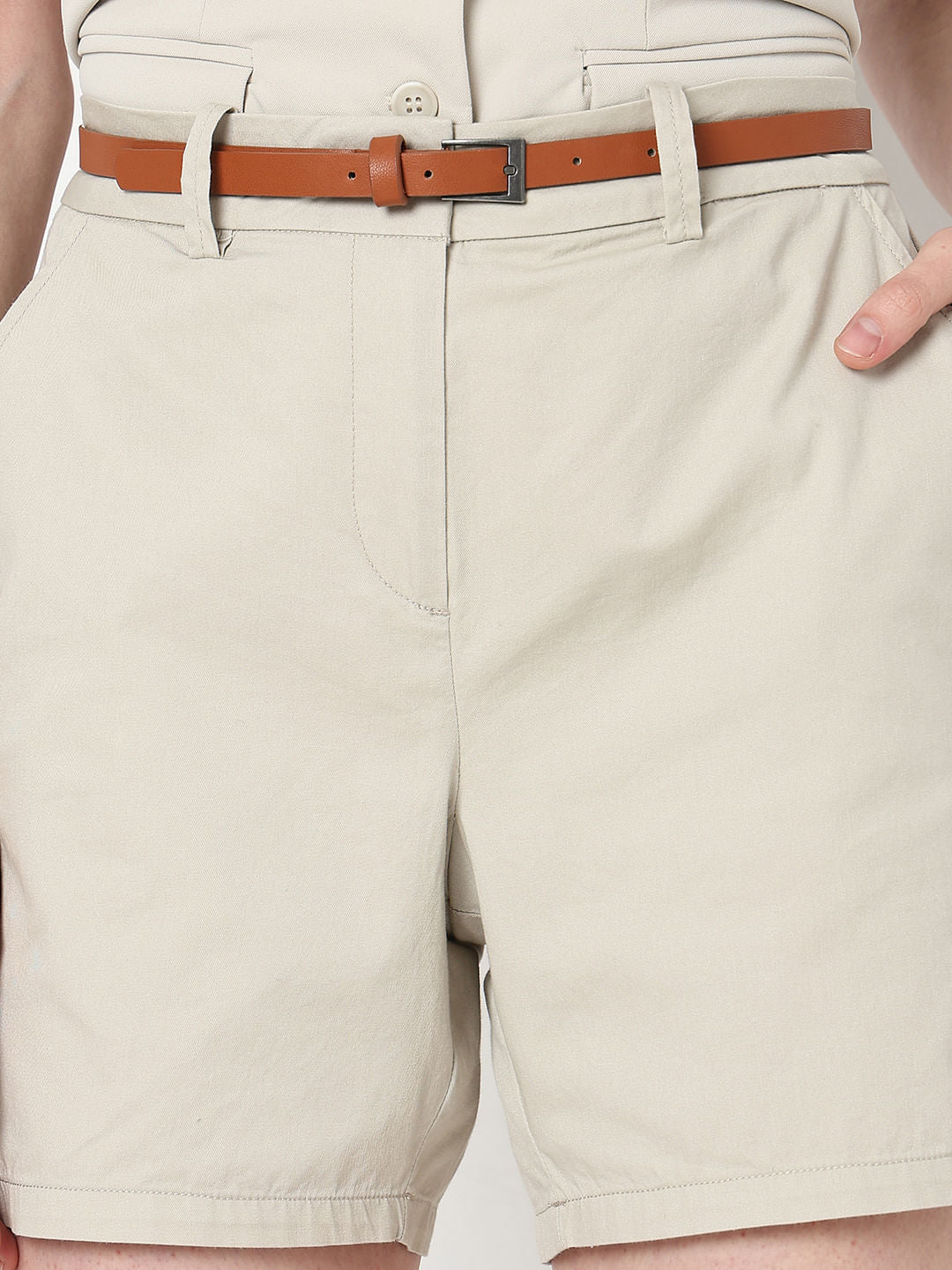 Beige Mid Rise Chino Shorts