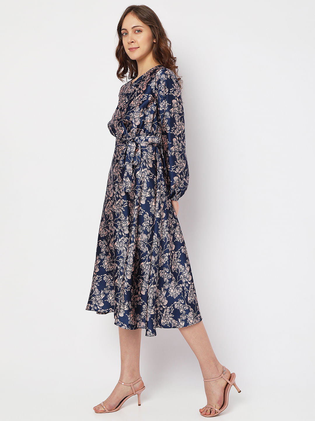 Navy Blue Printed Satin Midi Dress